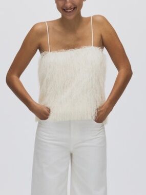 H&M Cream Feather Fringe Cami Top Textured Sleeveless Tank Size M